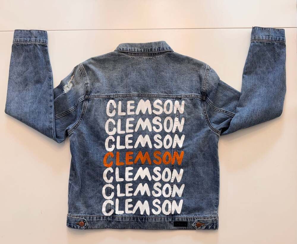STS Blue Distresssed Clemson Tigers Custom Painted Denim Jacket Medium